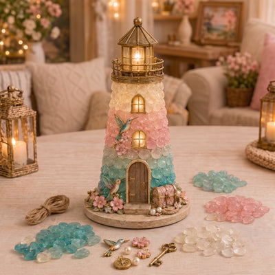 DIY Coastal Christmas Lighthouse Kit, Sea Glass Craft for Adults