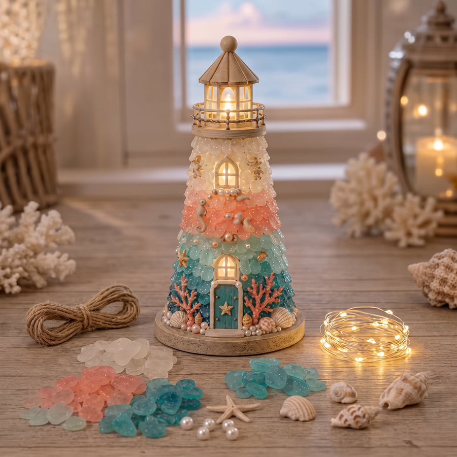 DIY Coastal Christmas Lighthouse Kit, Sea Glass Craft for Adults