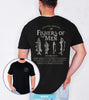 Black unisex fishers of men shirt featuring four vintage fish illustrations and Matthew 4:18-19 Bible verse on the back