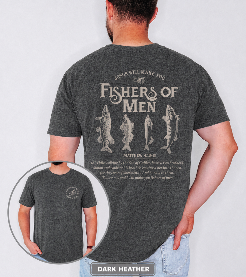 Dark Heather unisex fishers of men shirt featuring four vintage fish illustrations and Matthew 4:18-19 Bible verse on the back