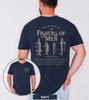 Navy unisex fishers of men shirt featuring four vintage fish illustrations and Matthew 4:18-19 Bible verse on the back