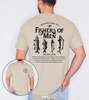 Sand unisex fishers of men shirt featuring four vintage fish illustrations and Matthew 4:18-19 Bible verse on the back