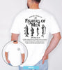 White unisex fishers of men shirt featuring four vintage fish illustrations and Matthew 4:18-19 Bible verse on the back