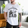 white t-shirt with fishing buddy calls me dad graphic showing father and child fishing together on a dock