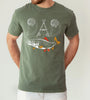milytary green unisex fishing dad t-shirt with fly rod letters spelling DAD and a colorful fish graphic below