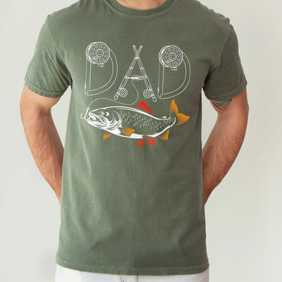 Black unisex fishing dad t-shirt with fly rod letters spelling DAD and a colorful fish graphic below