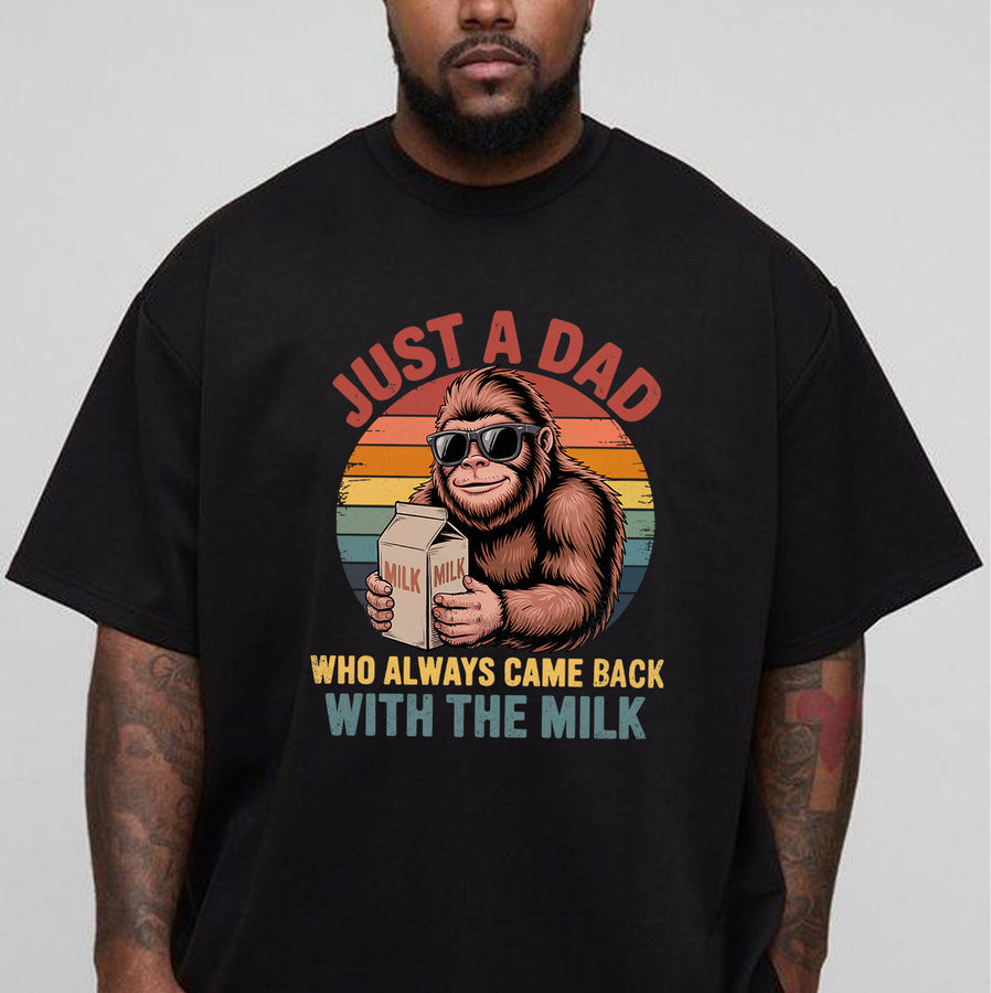 Black unisex t-shirt with a retro sunset graphic of Bigfoot wearing sunglasses holding a milk carton, funny dad bigfoot t-shirt design