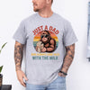 sportunisex t-shirt with a retro sunset graphic of Bigfoot wearing sunglasses holding a milk carton, funny dad bigfoot t-shirt design