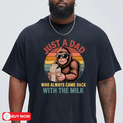 Black unisex t-shirt with a retro sunset graphic of Bigfoot wearing sunglasses holding a milk carton, funny dad bigfoot t-shirt design