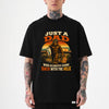 black Funny dad bigfoot t-shirt showing Sasquatch carrying milk and groceries with text Just a Dad Who Always Came Back With the Milk