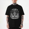 Black unisex tee with skull graphic wearing a cap, chain, roses and text It's Not A Dad Bod It's A Father Figure