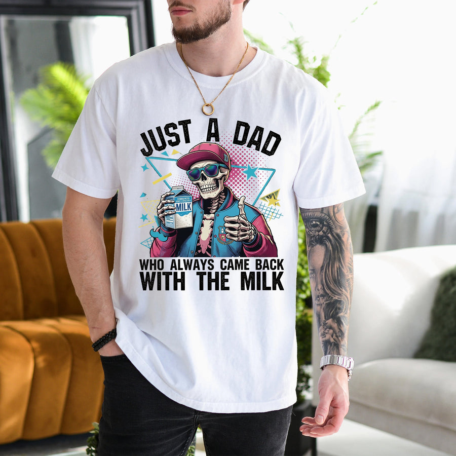 white unisex funny dad milk shirt featuring a retro skeleton in sunglasses holding a milk carton with thumbs up