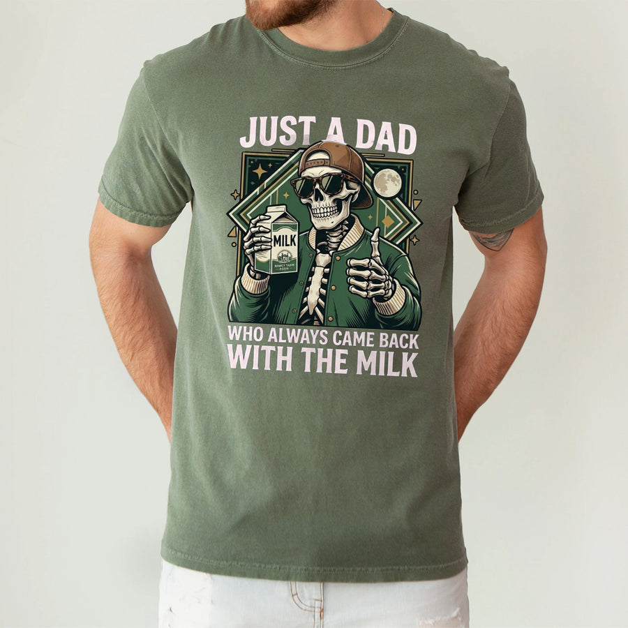 milytary green Funny dad milk shirt with a cool skeleton in sunglasses holding a milk carton and flashing a rock-on hand sign
