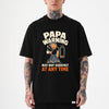 Black funny dad nap warning t-shirt featuring a sleepy cartoon papa holding coffee with a low battery icon and bold humorous text