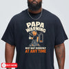 navyfunny dad nap warning t-shirt featuring a sleepy cartoon papa holding coffee with a low battery icon and bold humorous text