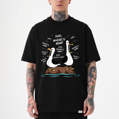 nlackFunny dad seagull shirt showing two cartoon seagulls on a rock repeatedly asking Dad where's mom for Father's Day