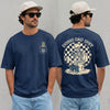 navy unisex funny dad shirt for Father's Day showing a skeleton sitting on a toilet on the back print with 'Doing Dad Shit' text