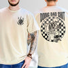 Sand funny dad shirt with a skeleton sitting on a toilet scrolling a phone, checkerboard background, Doing Dad Shit text