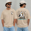sand unisex t-shirt front and back showing tired seagull dad cartoon surrounded by seagull chicks yelling Dad, personalized with custom kid names