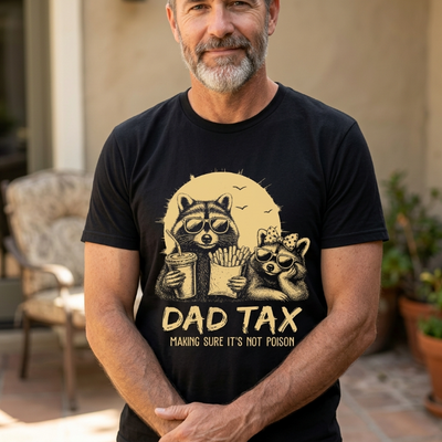 navy Funny dad tax shirt with retro raccoon dad and daughter eating fries and soda, vintage sunset graphic tee