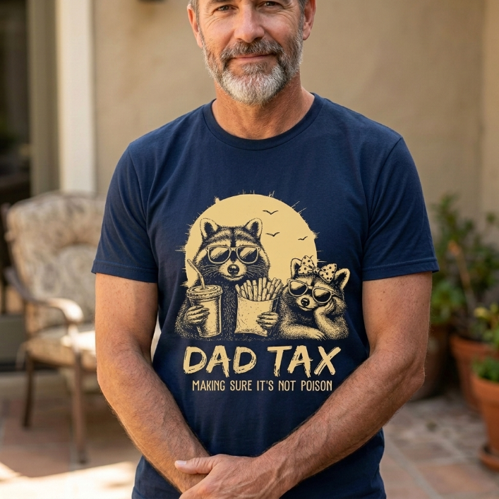 navy Funny dad tax shirt with retro raccoon dad and daughter eating fries and soda, vintage sunset graphic tee