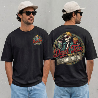 navy unisex t-shirt with a skeleton dad holding fries and a shake, reading Dad Tax Making Sure It's Not Poison