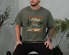 Military green funny fishing dad shirt with reel cool dad text and a vintage fly fishing mountain river trout graphic