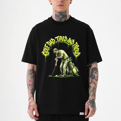 blackFunny golf dad shirt with graffiti-style text and illustrated golfer lining up a putt beside a green golf bag