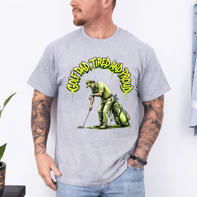 blackFunny golf dad shirt with graffiti-style text and illustrated golfer lining up a putt beside a green golf bag
