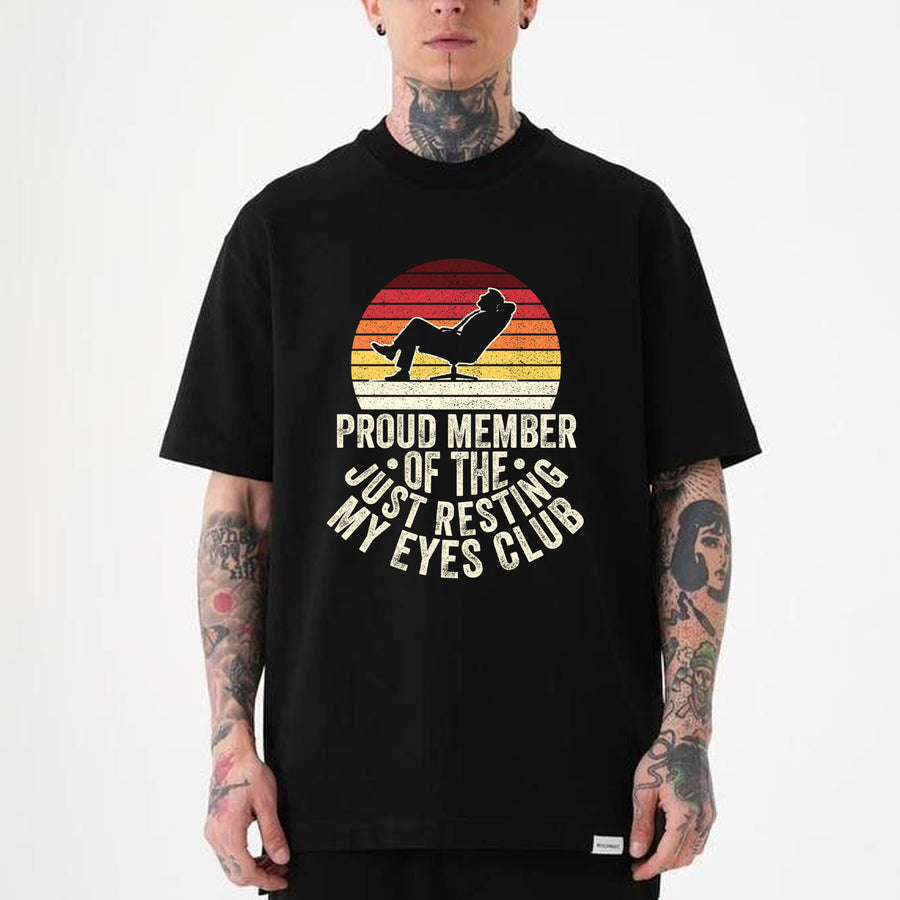 black funny napping t-shirt for dads with retro sunset silhouette and Just Resting My Eyes Club text