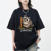 Black unisex funny raccoon graphic tee featuring a chubby cartoon raccoon hugging a tree stump with the name Jimothy below