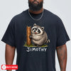 NAvy unisex funny raccoon graphic tee featuring a chubby cartoon raccoon hugging a tree stump with the name Jimothy below
