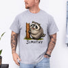Sport grey unisex funny raccoon graphic tee featuring a chubby cartoon raccoon hugging a tree stump with the name Jimothy below