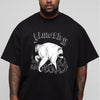 Black unisex funny raccoon tee with gothic Jimothy text and white raccoon surrounded by flames graphic
