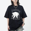 Black unisex funny raccoon tee with gothic Jimothy text and white raccoon surrounded by flames graphic