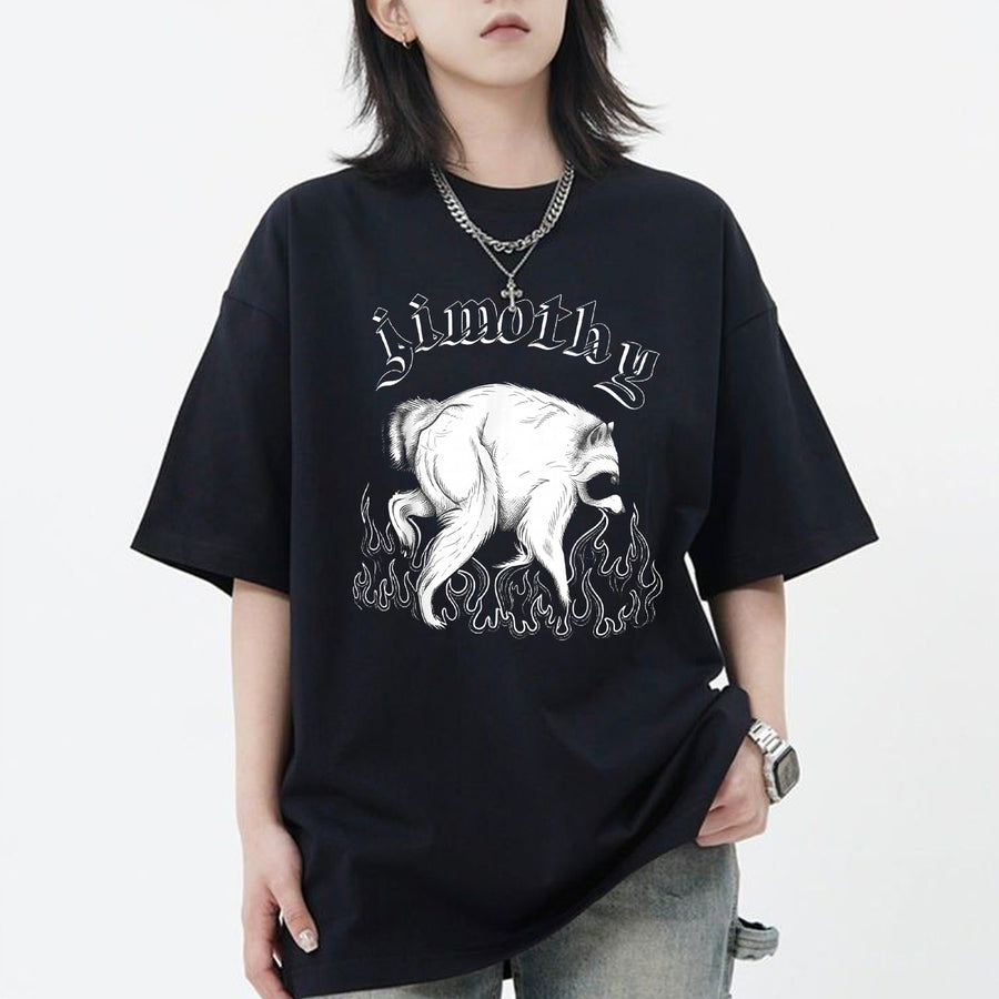 Black unisex funny raccoon tee with gothic Jimothy text and white raccoon surrounded by flames graphic