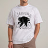 Black unisex funny raccoon tee with gothic Jimothy text and white raccoon surrounded by flames graphic