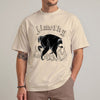 Black unisex funny raccoon tee with gothic Jimothy text and white raccoon surrounded by flames graphic
