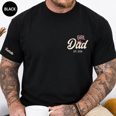 Dark heather t-shirt with Girl Dad Est. 2026 chest print and daughters' names on sleeve, gift for father on Father's Day