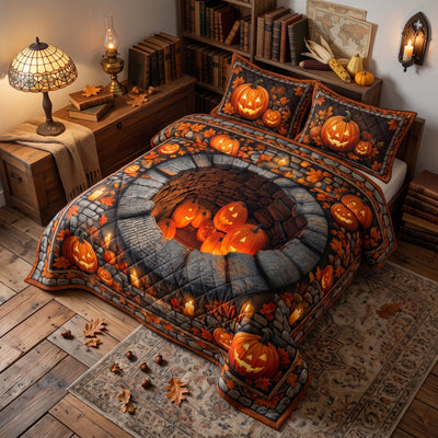Halloween Pumpkin Quilted Bedding Set, Jack-o-Lantern Glow Quilt
