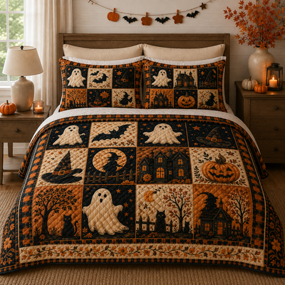 Halloween Quilt Bedding Set, Patchwork Ghost Pumpkin Witch Design