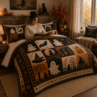 Halloween Quilt Bedding Set, Patchwork Ghost Pumpkin Witch Design