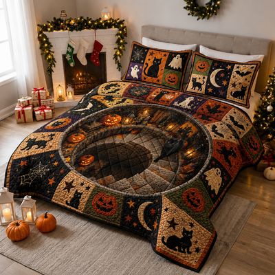 Halloween Quilted Bedding Set, Black Cat Patchwork Quilt