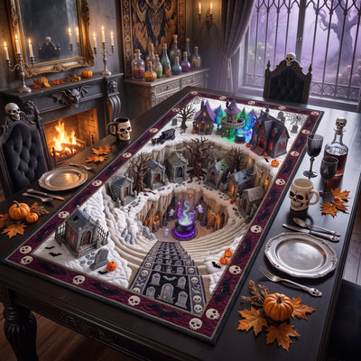 Halloween Quilted Table Runner, Haunted Village Optical Illusion Mat
