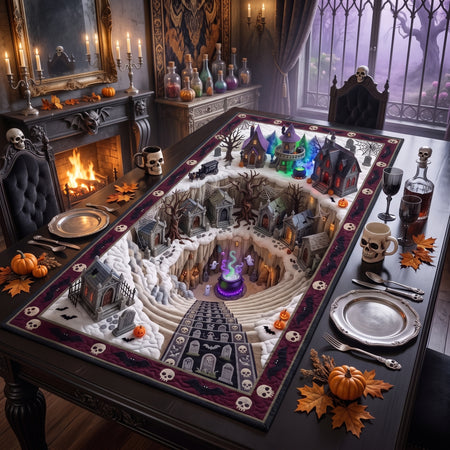 Halloween Quilted Table Runner, Haunted Village Optical Illusion Mat