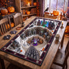 Halloween Quilted Table Runner, Haunted Village Optical Illusion Mat