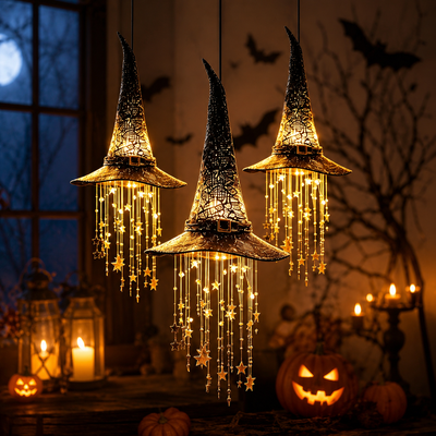 Halloween Witch Hat Hanging Lamp, Star Tassel LED Pendant Light