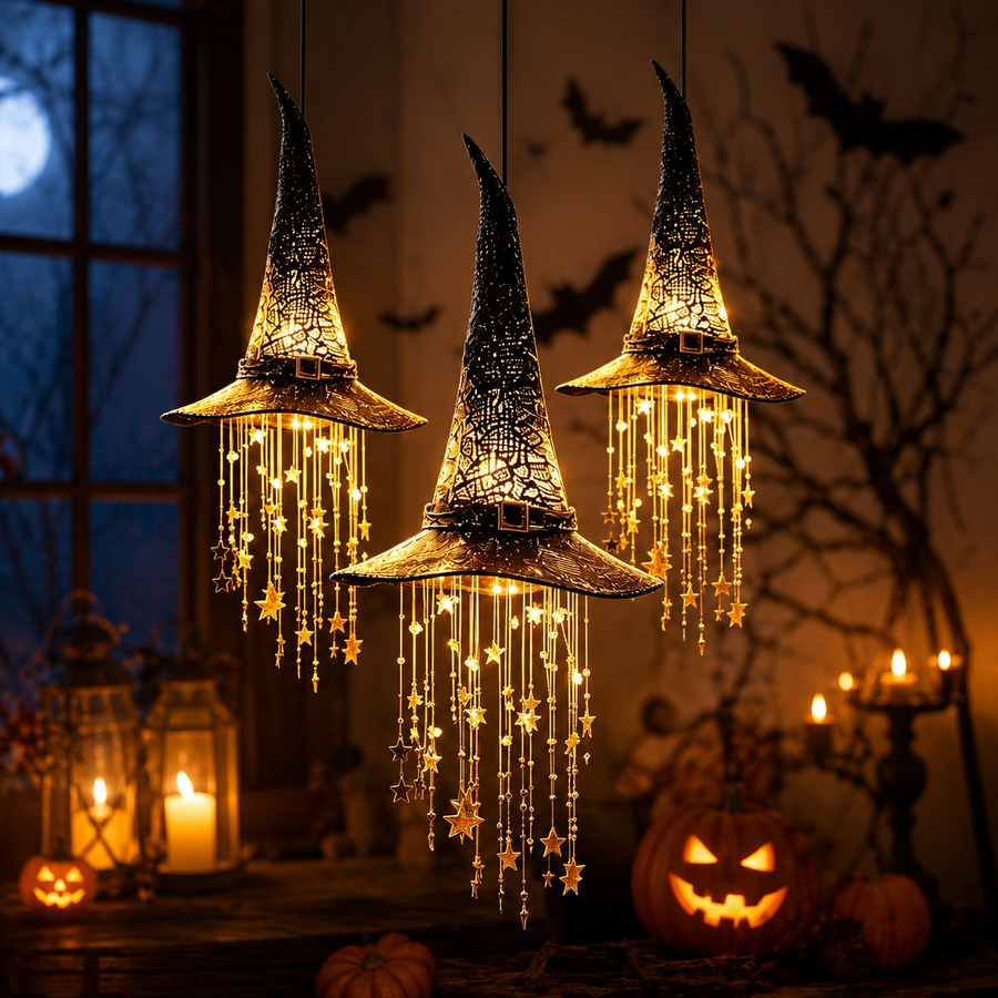 Halloween Witch Hat Hanging Lamp, Star Tassel LED Pendant Light