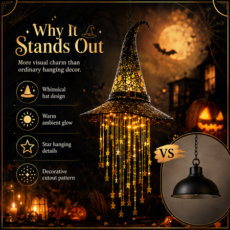 Halloween Witch Hat Hanging Lamp, Star Tassel LED Pendant Light