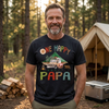 black unisex t-shirt printed with retro camping scene, tent, bear and One Happy Papa text in vintage patchwork lettering
